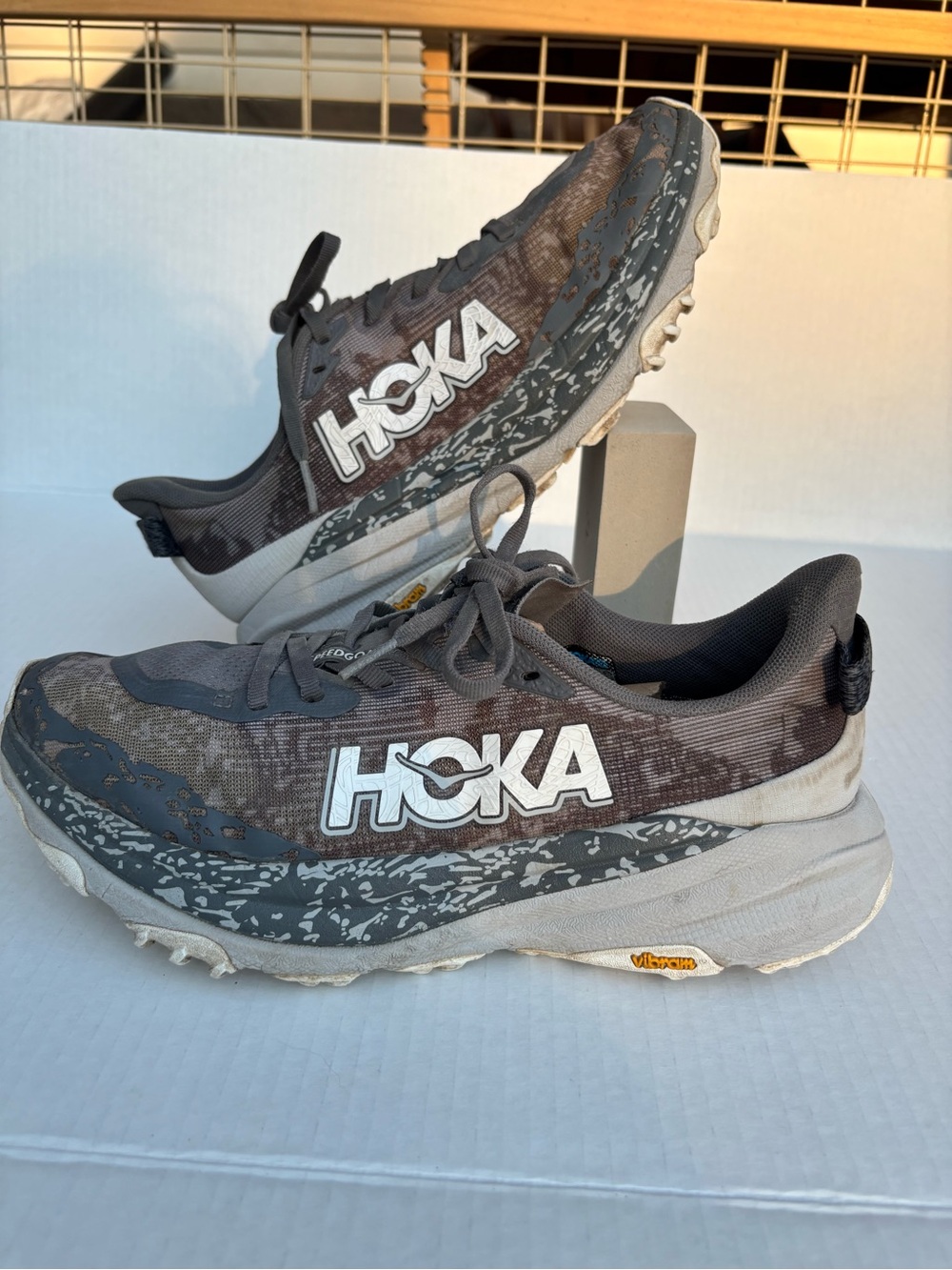Hoka Gray and White Trail Running Shoes